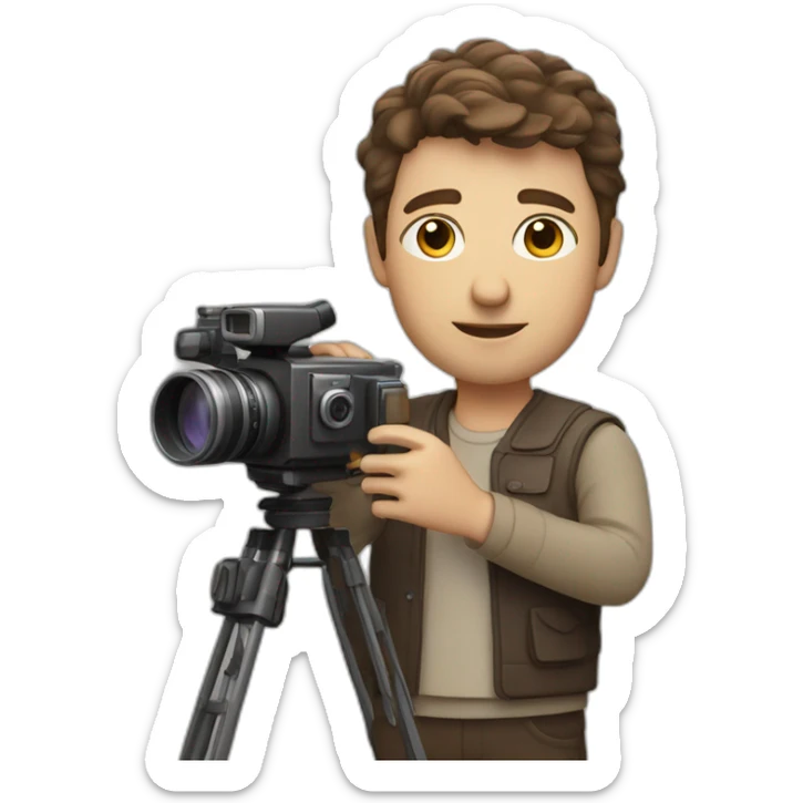 European film director with brown piled short hair holding a cinema camera sticker
