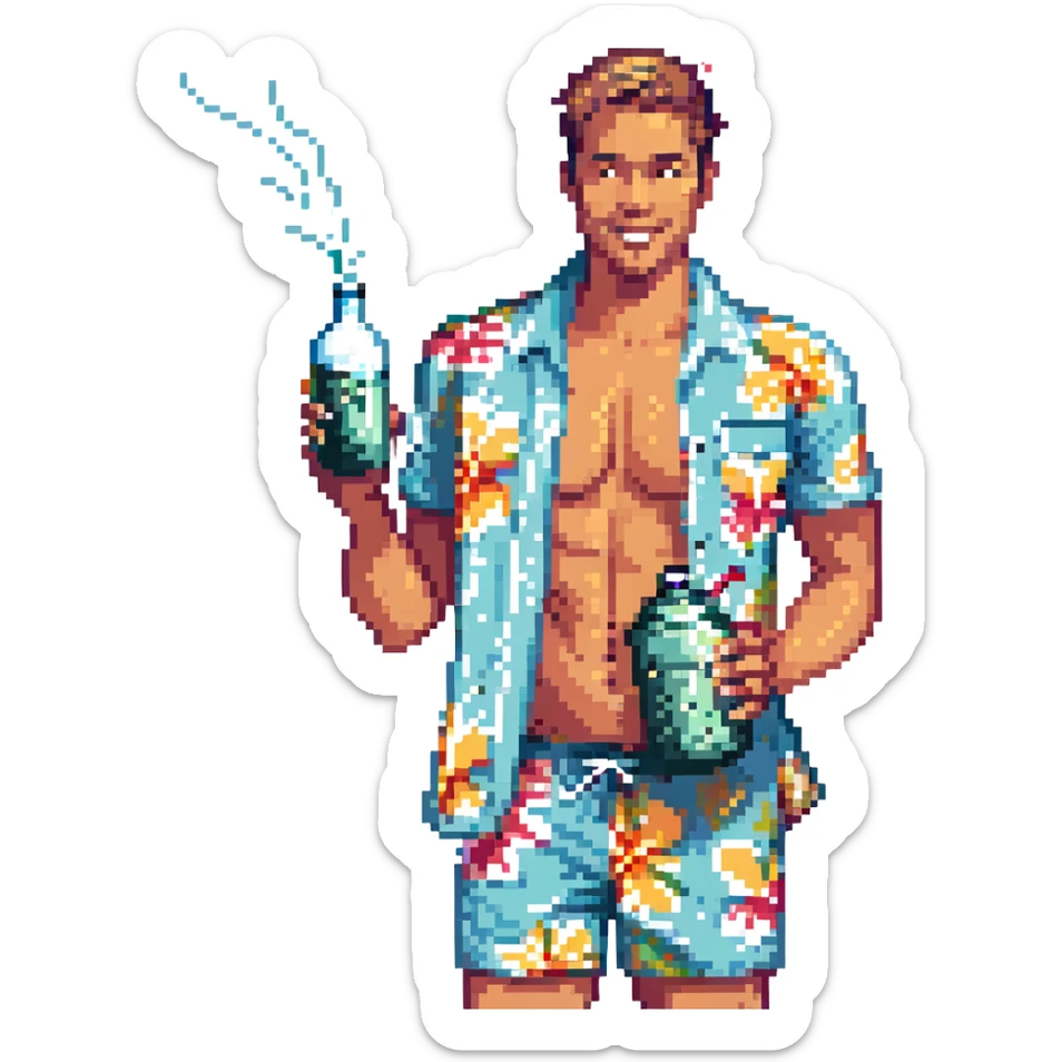 human male Unbuttoned Hawaiian shirt, swim trunks, shaking a cocktail shaker (sparks flying) sticker