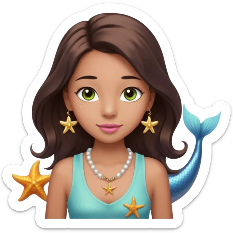 Create a teen girl wearing a light blue tank top. She will have long brunette hair, tan skin, pink lips, and grey-green eyes. She has long eyelashes. She also has light freckles and is wearing a gold charm necklace that has an n on it, a pearl, a sun, a starfish, a mermaid tail, and seashell sticker
