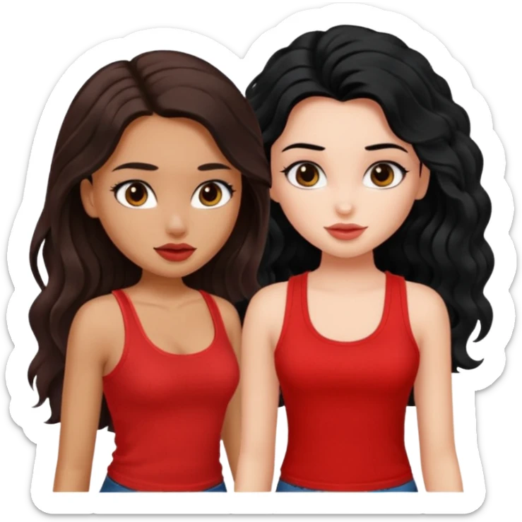 generate a pretty tan bratz girl with brown wavy hair long wearing a red tank top. talking to a girl with black hair wearing black sticker