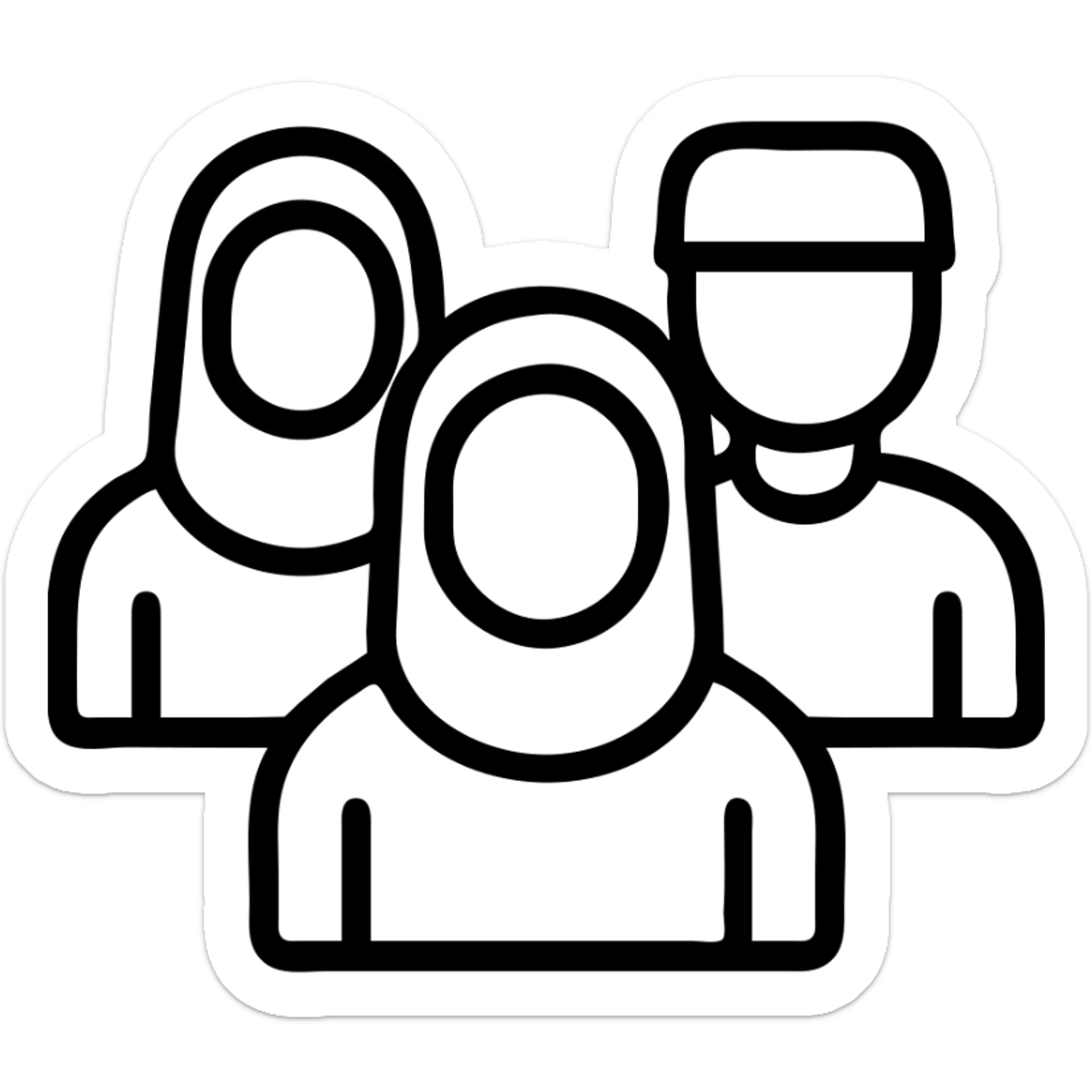 icon of a group of people with Islamic cultural attire such as hijabs and kufis, representing inclusivity, clean modern icon style, simple shapes, no text sticker