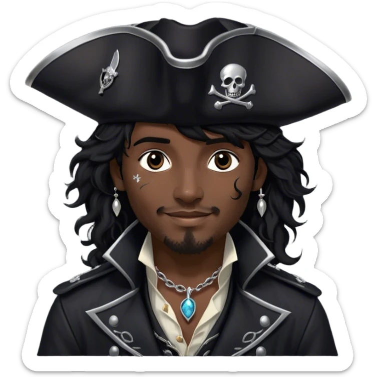 A charismatic pirate with wavy black hair tousled. His black tricorn hat, embroidered with silver. Dark eyes glint with mischief as he gazes to the side, a knowing smile on his lips. His fitted black coat, adorned with silver buttons. A silver chain dangles from his belt sticker