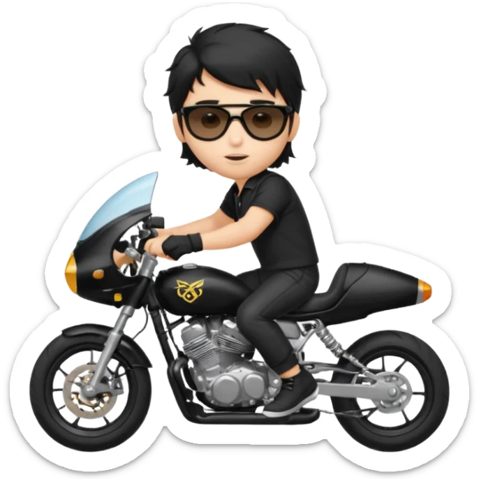 generate a pretty fair bratz boy with a messy mullet (black hair), wearing a BLACK polo.  on a superbike sticker