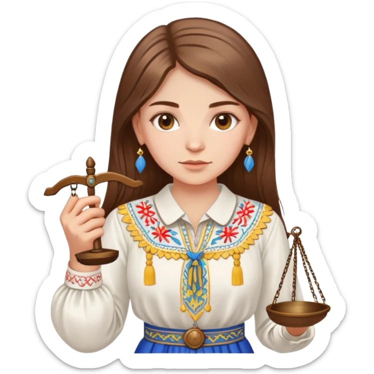 Ukrainian girl with brown hair wearing traditional embroidered shirt (vyshyvanka) holding scales of justice in her hand sticker