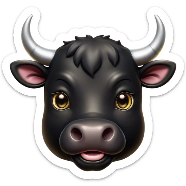Cinematic Cute Black Bull Portrait Emoji, Head tilted playfully and inquisitively, featuring a glossy, robust black hide with a striking sheen, round, sparkling dark eyes filled with gentle curiosity, Simplified yet irresistibly adorable features, highly detailed, glowing with a warm, friendly glow, high shine, affectionate and imposing, stylized with a touch of rugged charm, bright and endearing, soft glowing outline, capturing the essence of a mischievous yet loving bull, so playful it feels like it could stomp out of the screen and into your arms! sticker