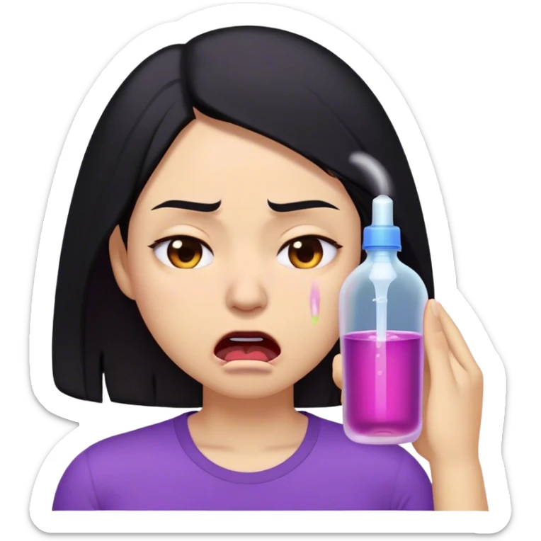 A digitally illustrated emoji-style character of a woman with shoulder-length black hair, wearing a purple shirt. Her expression shows extreme exhaustion or dehydration—her eyes are bloodshot and dry, her tongue is sticking out, and she has a single sweat drop on her cheek. The image has a clean white background sticker