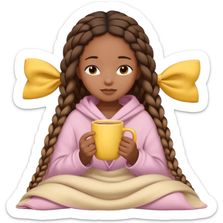 black girl with long braids, eyes closed, light beige blanket, light bow in hair, holding a yellow mug, cute cozy emoji style sticker