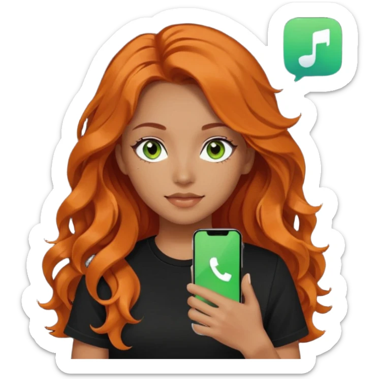 Girl with dark long orange wavy hair, green eyes, and black t-shirt and phone with tiktok app on hand sticker