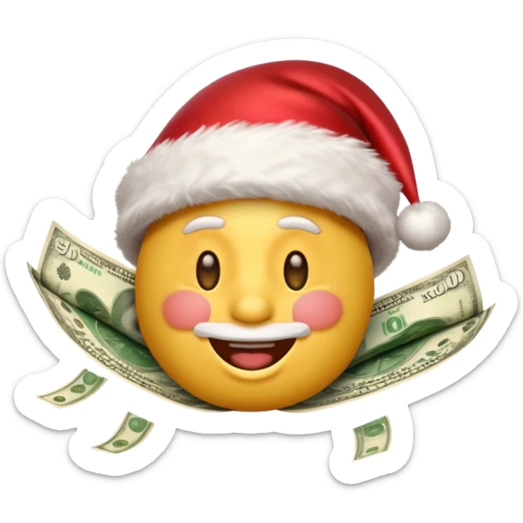 A rich happy emoji face in Santa hat, covered in money, cash stacks and flying dollar bills, Christmas mood, New Year festive style, glossy 3D emoji, vibrant colors, high detail, no text, isolated, transparent background sticker
