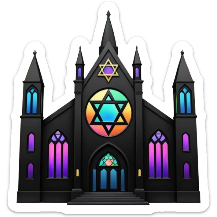 jewish synagogue temple in dark goth aesthetic style with black building and rainbow tint glass windows and star of david and celestial symbolism of peace and acceptance  sticker