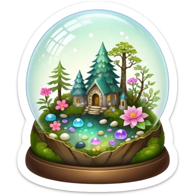 Sparkly shiny iridescent Mystical woodland glass-dome-terrarium-globe with moss inside, with marbles, with pebbles, crystals, with bones inside, and flowers inside  sticker