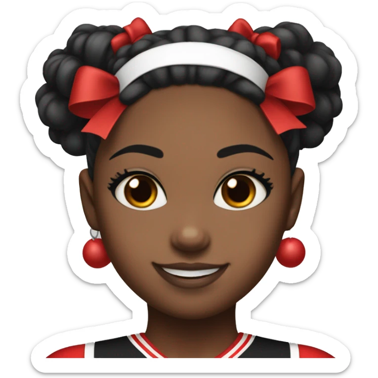 And black girl wearing a black red and white cheer uniform with a bow on her head and 2 pom-poms one red one black sticker