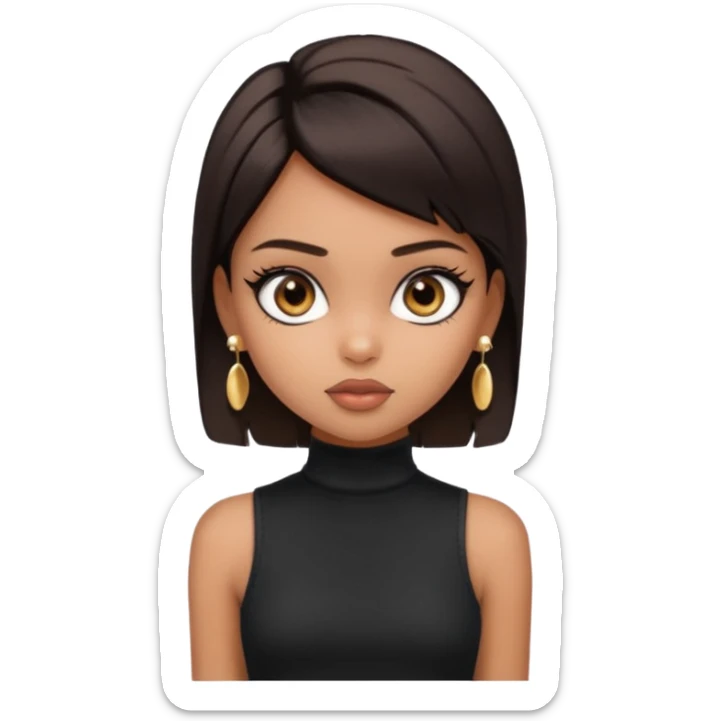 generate a pretty bratz girl in black cami top, dark brown straight short hair, eyeliner on. dark brown eyes. Wearing sleeveless white turtleneck, gold stud earrings sticker