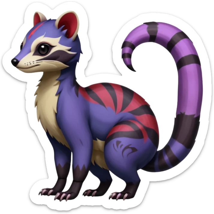Rare warm-colored exotic gloomy tropical edgy cute epic aesthetic spooky indigo violet white black red gothic colorful Salandit-Furret-Civet-species-Fakemon-hybrid-creature, with tribal tattoo markings, full body sticker