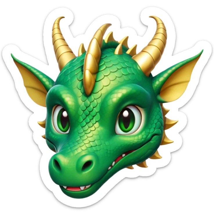Cinematic Cute Dragon Portrait Emoji, Head tilted playfully and inquisitively, featuring a sleek, serpentine form adorned with iridescent scales that shift between emerald and gold, a delicate set of subtle horns, and round, sparkling eyes full of curious magic; rendered with realistic detail and warm natural light, high shine, affectionate and enchanting, styled with a touch of whimsical fantasy, soft glowing outline, capturing the essence of a mischievous yet lovable dragon that seems poised to slither playfully into your arms! sticker