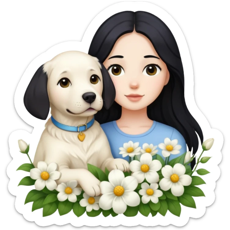 A girl with long black hair is holding a white Labrador in the flowers sticker
