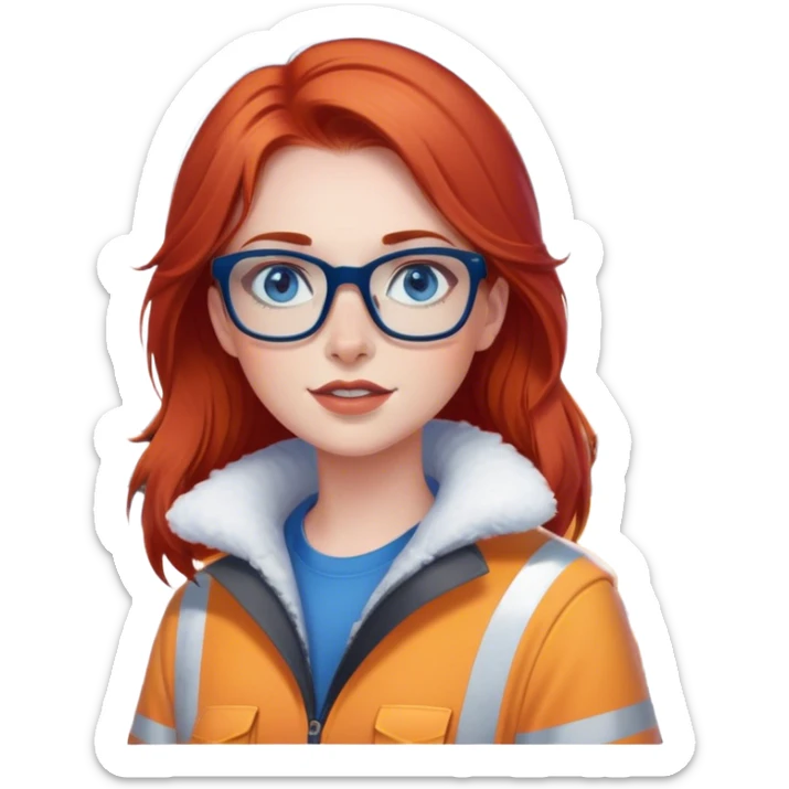 lady with shoulder length red hair, blue eyes and glasses inside a big Snowplow and show the snowplow sticker