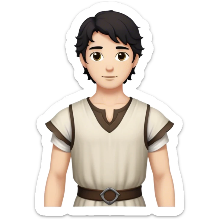 medieval summer outfit worn by a DnD themed fantasy male character. thin, sleeveless cotton tunic with a deep neckline and reinforced stitching around the shoulders. clothes only above the waist. The clothes full waist. The character's haven't arms. character is white-skinned, black hair, brown eyes, short wavy hair. sticker