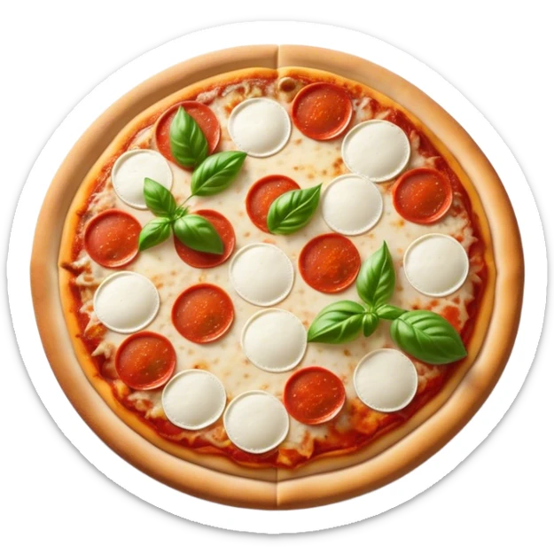 Cinematic Realistic Pizza Napoletana Dish Emoji, depicted as a classic thin‚Äêcrust pizza topped with vibrant tomato sauce, fresh mozzarella, and basil rendered with mouth‚Äêwatering textures and warm natural lighting. sticker