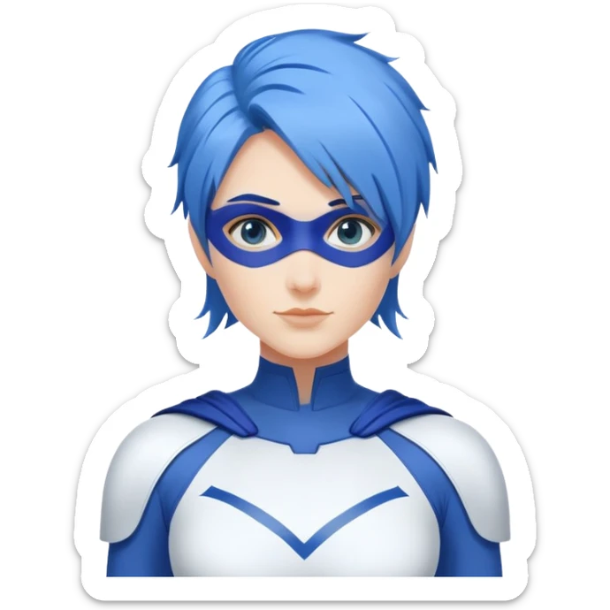24x24 emoji close-up of a friendly woman with blue hair, wearing a minimalist blue and white superhero suit. The suit has a large blank area on the chest for a logo, uses only blue and white colors, and includes minimal details. No accessories on the face, no mask. sticker