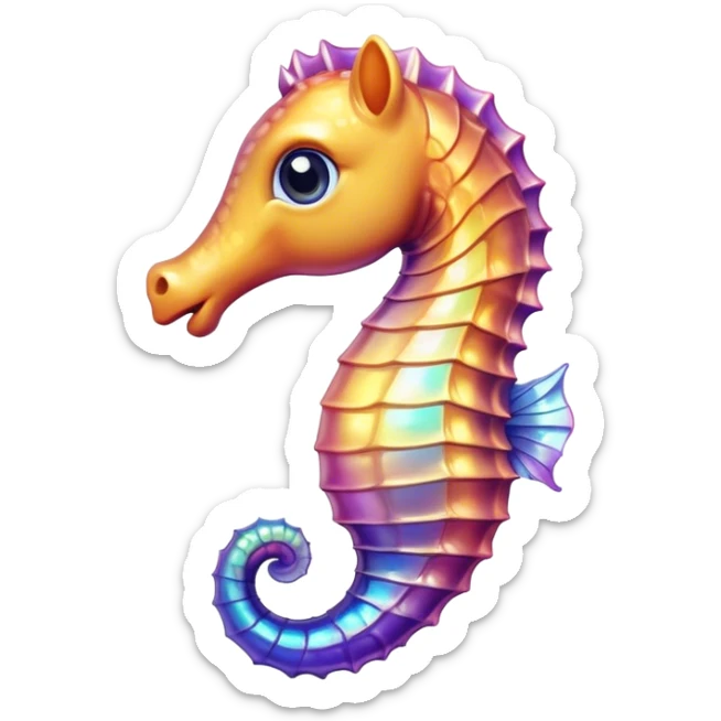 Cinematic Realistic Cute Sea Horse Portrait Emoji, Head tilted playfully and inquisitively, featuring a delicate, curvaceous form with intricately rendered, iridescent scales and a charming, expressive face with round, sparkling eyes full of gentle curiosity, high shine, affectionate and whimsical, styled with a touch of aquatic magic, soft glowing outline, capturing the essence of a mischievous yet lovable sea horse that seems poised to flutter out of the screen into your embrace! sticker