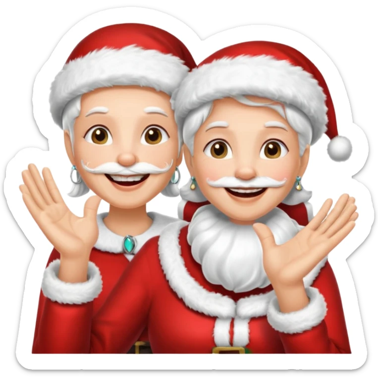 SANTA Y MAMA CLAUSE SONRIENDO CON ORTODONCIA EN DIENTES Y MANO SALUDANDO 5 DEDOS sticker