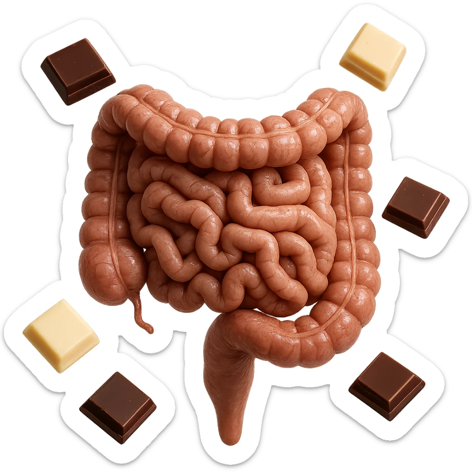 pezzetti di cioccolato fondenti, al latte e bianchi fluttuano intorno ad un intestino umano anatomico realistico, IPERREALISTICO 4K sticker