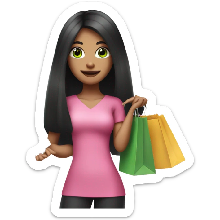 girl with very long black hair and green eyes and pink outfit holding credit card and shopping bags sticker