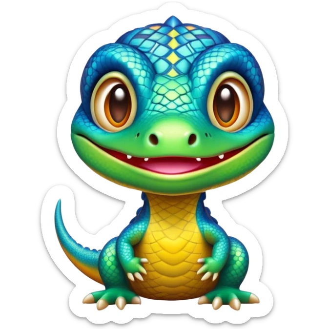 Cinematic Cute Monitor Lizard Portrait Emoji, Head tilted playfully and inquisitively, with a sleek, patterned body accented by vibrant hues and round, sparkling eyes full of wonder, Simplified yet irresistibly adorable features, highly detailed, glowing with a warm, friendly glow, high shine, affectionate and lively, stylized with a touch of exotic charm, bright and endearing, soft glowing outline, capturing the essence of a mischievous yet captivating lizard that seems as if it could scuttle out of the screen into your arms! sticker