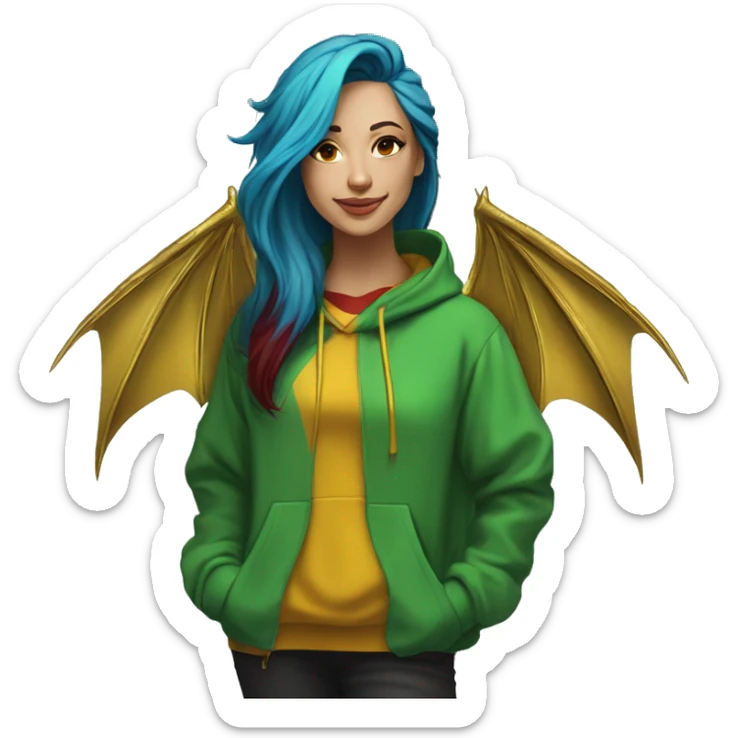 420 Lady with brunette and iridescent blue hair, hemp, gold, green dragon wings, maroon hoodie, 420, black and gold Nike t shirt, and bright red eyes sticker