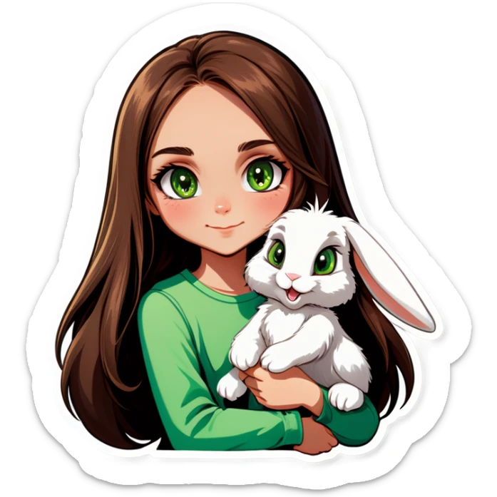 Long brown haired, green eyed girl holding a grey bunny. The bunny has floppy ears. sticker