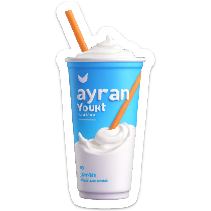 A small carton of Turkish yogurt drink (ayran) with a straw, white and blue packaging sticker
