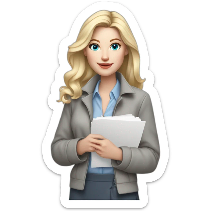pale skin woman interior designer with cold blonde middle length hair, blue eyes, White blouse, Gray oversize jacket, Gray skirt holding a color palette in the hands sticker