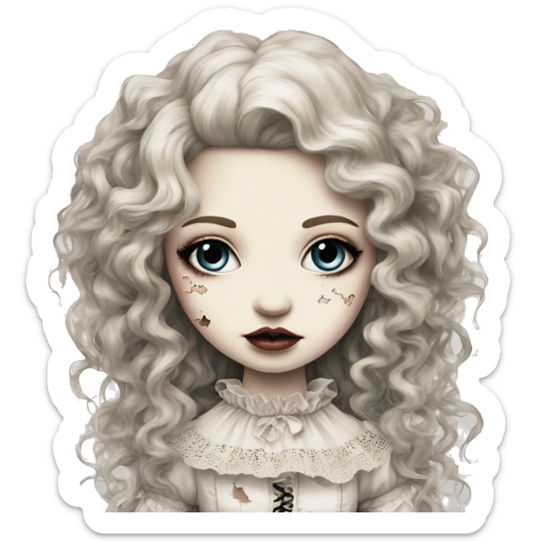 porcelain doll with a cracked face, long hair, lace and ruffles, lolita style, inked sticker