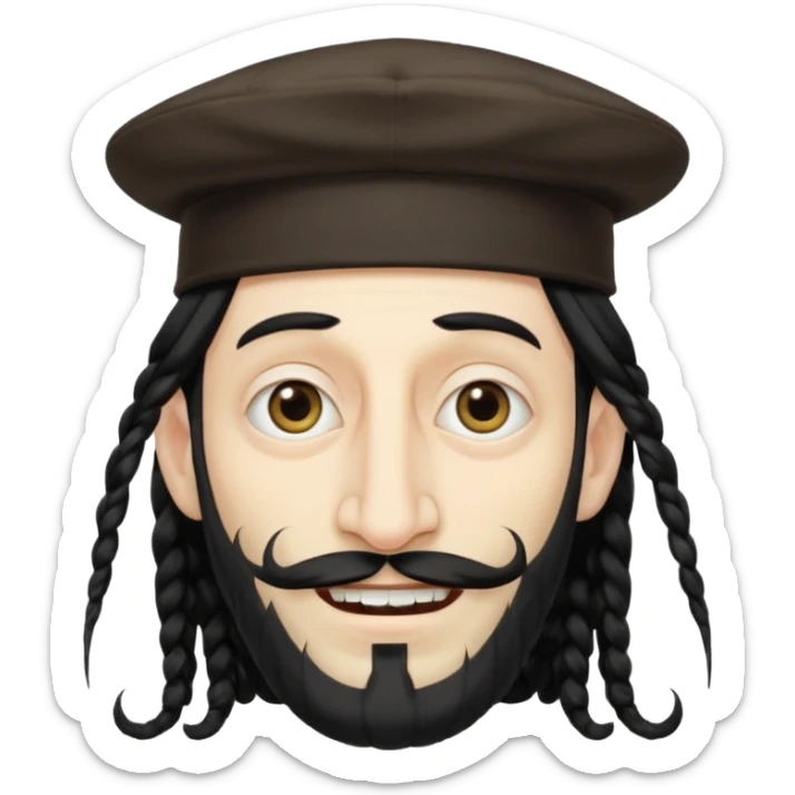 Jewish white man emoji with long dread black hair on the sides and jewish judaism hat, long big nose and crooked teeth sticker