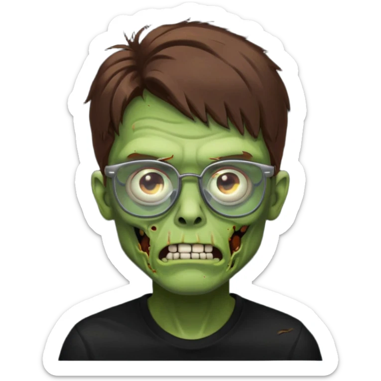 Green zombie, brown hair, black glasses, black shirt. iOS style. sticker