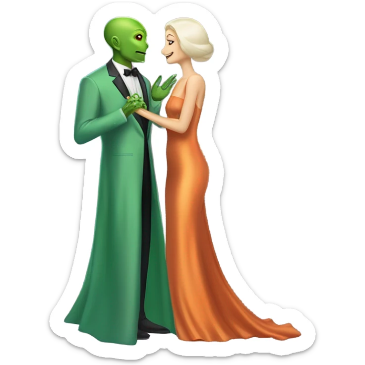 alien reptilian green skin woman,long slim pastel orange formal party satin dress with gradient shiny sparkling dark red, and caucasian man in black dres on his knees asks her to marry her sticker