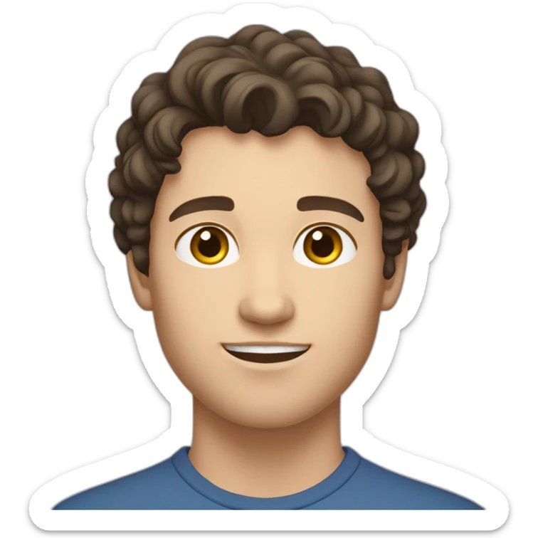 young caucasian male with darkbrown slightly curly hair, shaved sticker