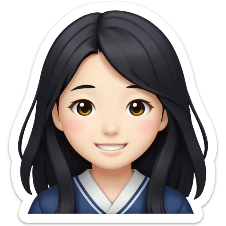 Happy Japanese schoolgirl with long black hair and blushing face sticker