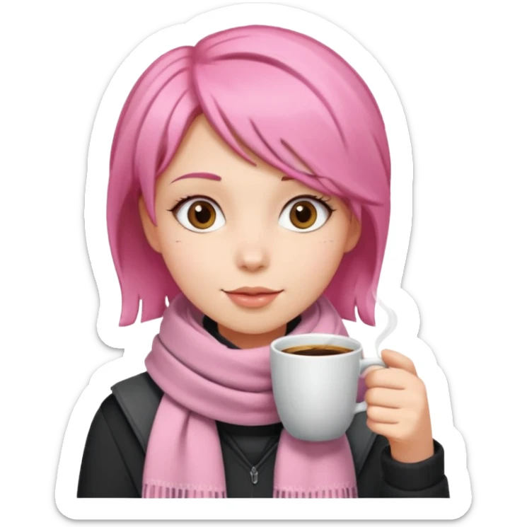 a girl with pink short layer hair, having scarf,  drink coffee, enjoy sticker