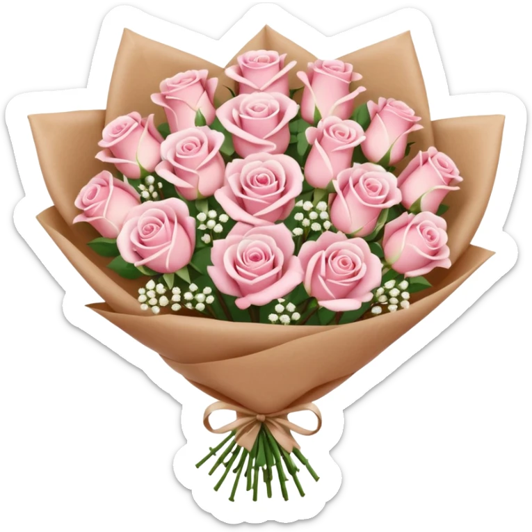 A brown paper-wrapped bouquet of pink and white fresh roses and baby’s breath sticker