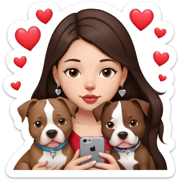 Young girl was long, dark brown hair sits with her dog who is a pretty girl pitbull with her cell phone in her hand in a small septum ring in her nose was hearts flying all around her sticker