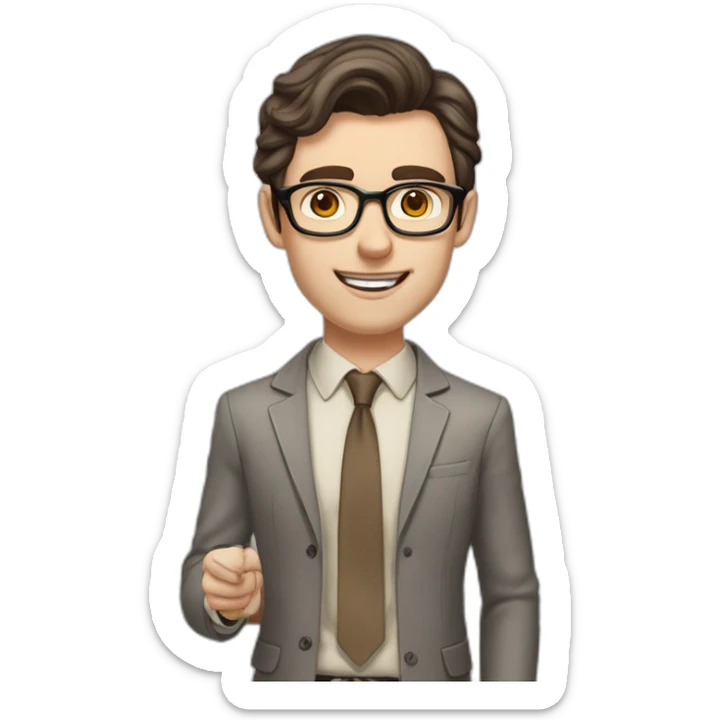 Pale skinned fit man with dark brown hair in gray jacket, beige office shirt, brown tie, brown pants and vintage glasses Writing on the flipchart sticker