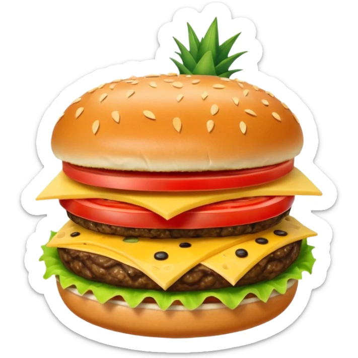 Generar hamburguesa con una sola carne, de pan color café con semillas hemp encima del pan, con carne, tomate, lechuga, queso, piña dentro de ella sticker