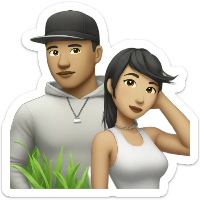 asian male rapper and a female songwriter in a huge grassland sticker
