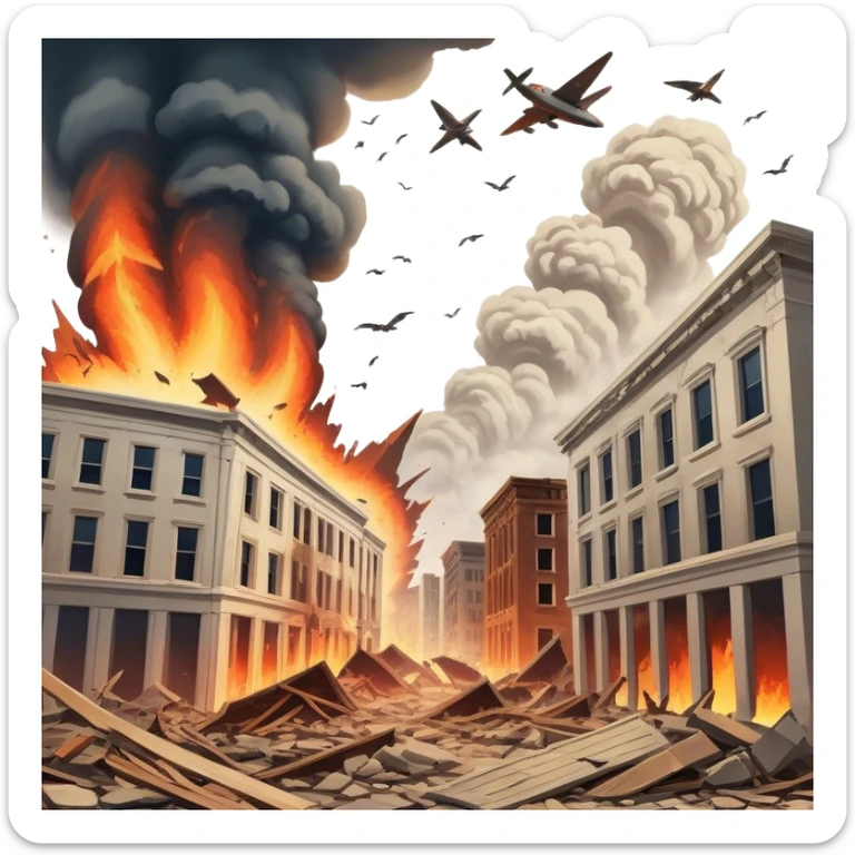 A vintage movie poster-style design with a dramatic scene of a natural disaster like an earthquake, tornado. Include crumbling buildings, flying debris and fiery explosions. The background should be chaotic, with a cinematic, apocalyptic vibe. Transparent background. sticker