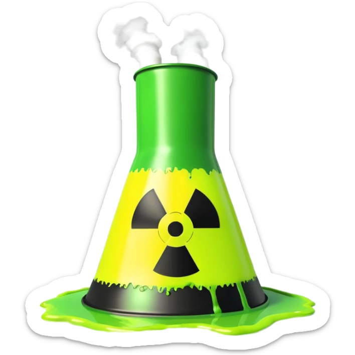 3D render of Nuclear Smokestack, toxic waste aesthetic, neon green bubbling liquid, caution yellow metal, industrial warning texture. sticker