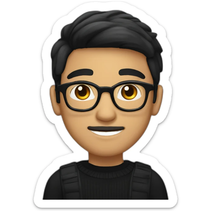 a light skin Pakistani teenager, wearing round glasses, short moustache, black straight hair, black jumper/sweater, structured manly face sticker