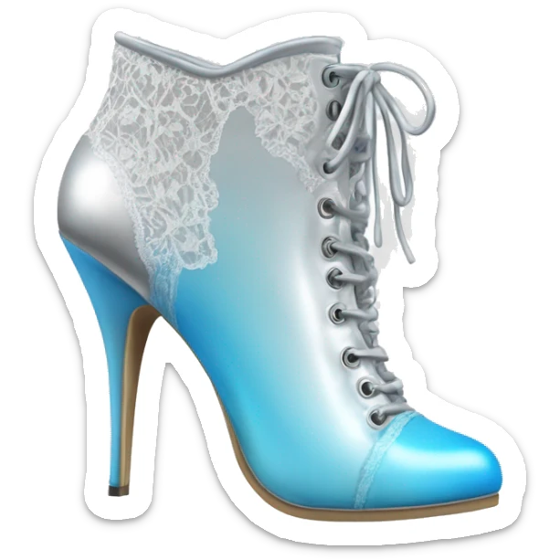 Realistic isolated pair of silver to white ombre high heel bootie boots shoes with sky blue lace and toes pointed forward. sticker
