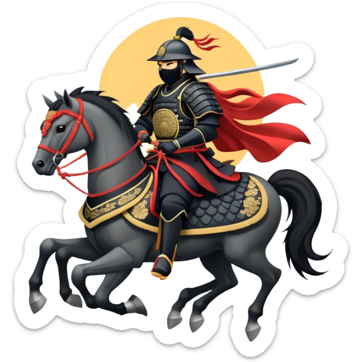 clash-of-clans-aesthetic_-cinematic-fearsome-and-majestic-samurai-bust-portrait-emoji, rendered in a flat, vector-style with minimal shading and bold, simplified shapes typical of emoji art, depicting a battle-hardened samurai with black mask and traditional black Japanese armor. The samurai is riding a noble grey warhorse adorned with an intricately designed saddle and fluttering banners and a rising sun. a samurai riding on a  horse sticker